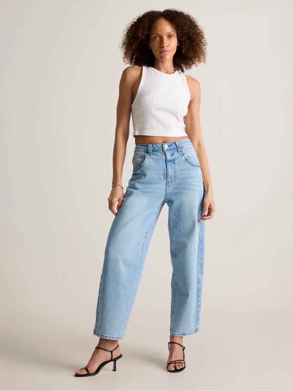 Quince Bella Stretch Barrel Jeans 25 x 28 High Rise Relaxed Cool Blue Light Wash